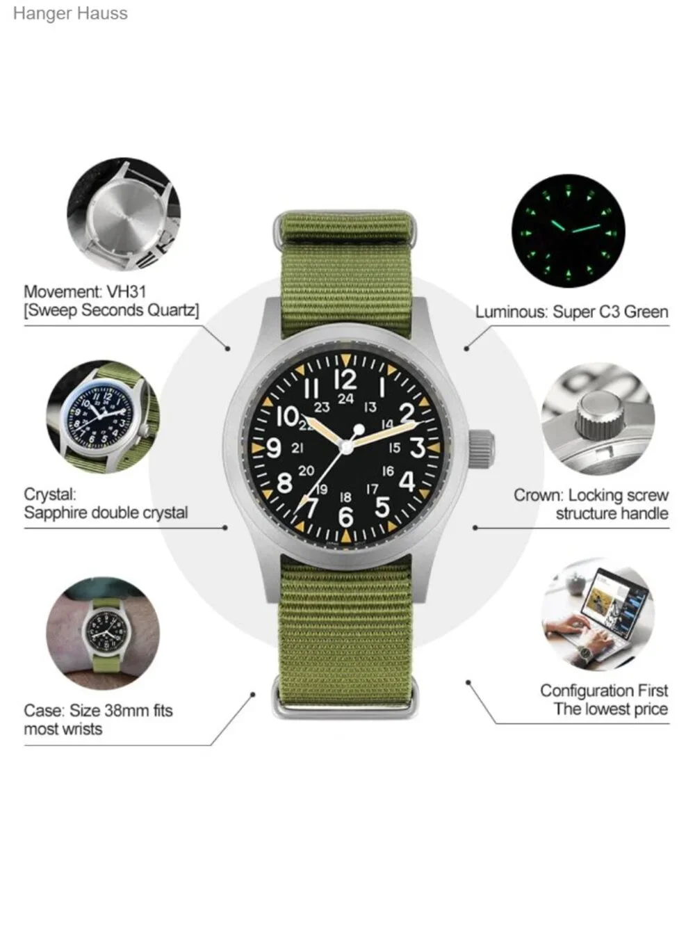 Men's Field Watch VH Sweep Quartz 38mm Steel Case 100M Water Resistant
